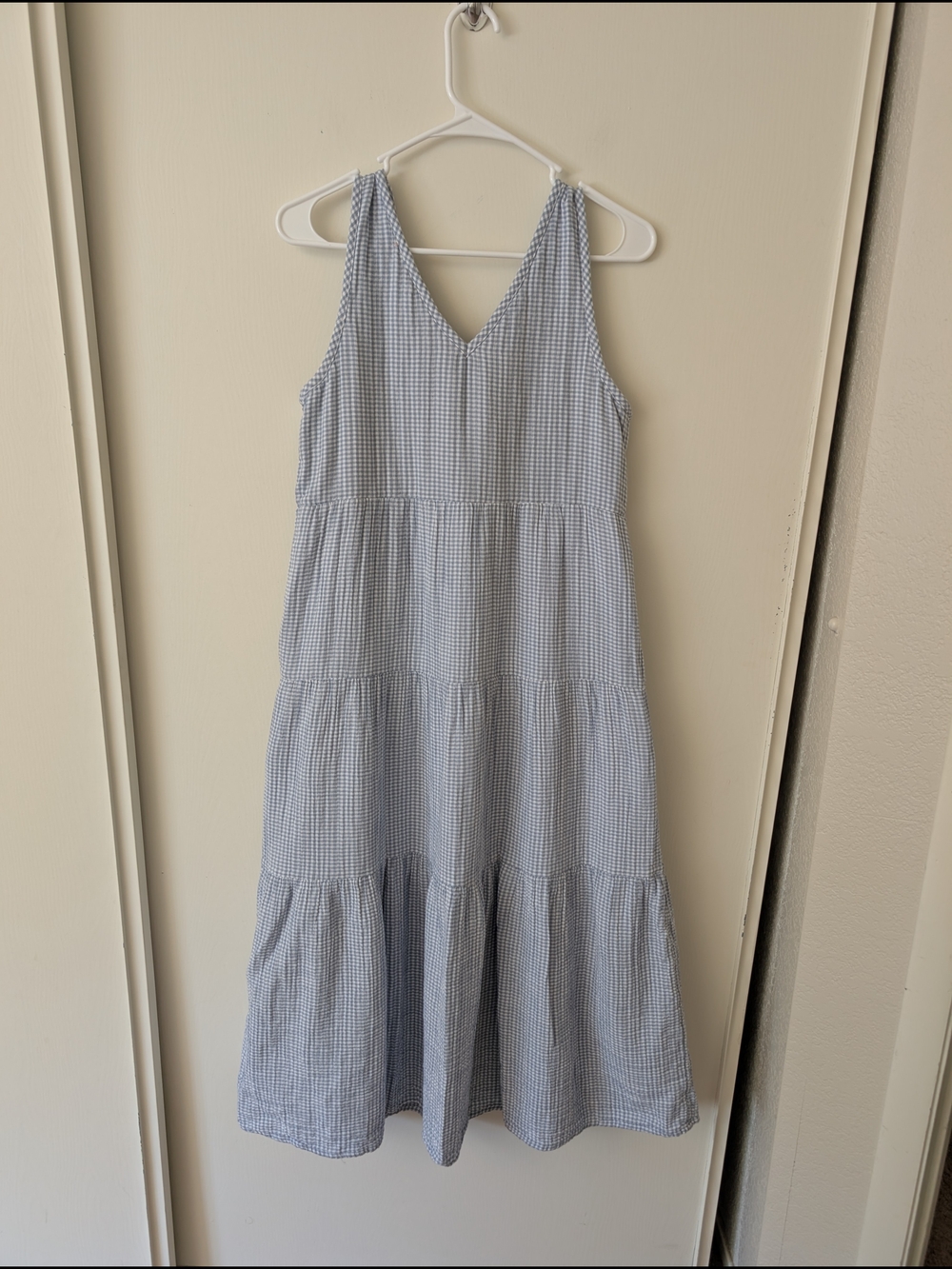 Quince Womens Medium 100% Organic Cotton Gauze Tiered Maxi Dress Blue Gingham - Picture 4 of 8